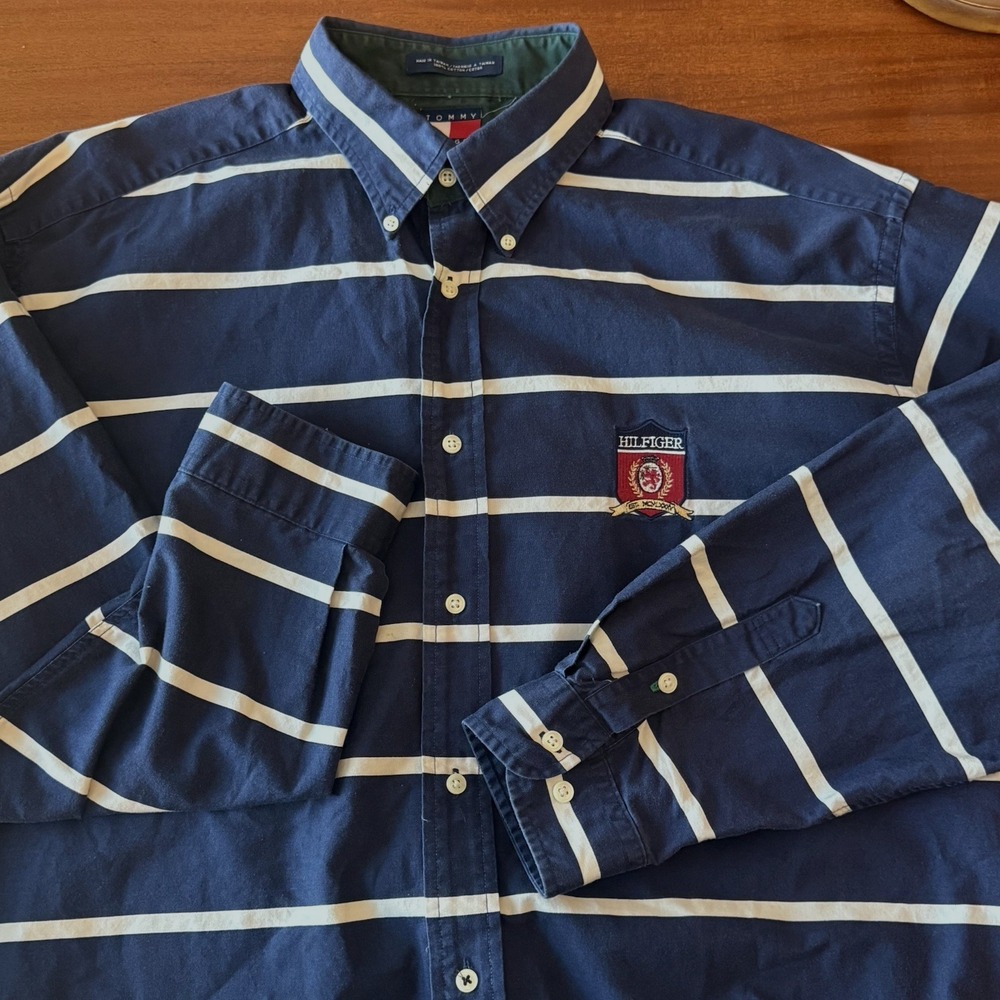 Vintage 90s Tommy Hilfiger Shirt Men XL Navy Stripe Crest Patch Cotton 90s